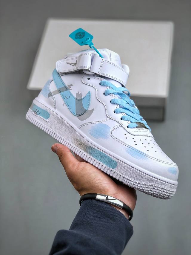 Nike Air Force 1'07 Mid 天蓝色 手绘断裂 三勾阴影 空军一号绑带中帮休闲板鞋 CW 9-111 #定制皮料 原厂3D打印 定制鞋盒 原楦