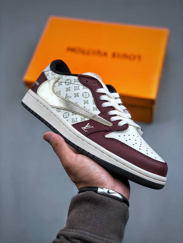 Travis Scott x Fragment Design x Air Jordan 1 Low OG SP AJ1 乔1LV联名 酒红印花 低帮文化休闲板鞋