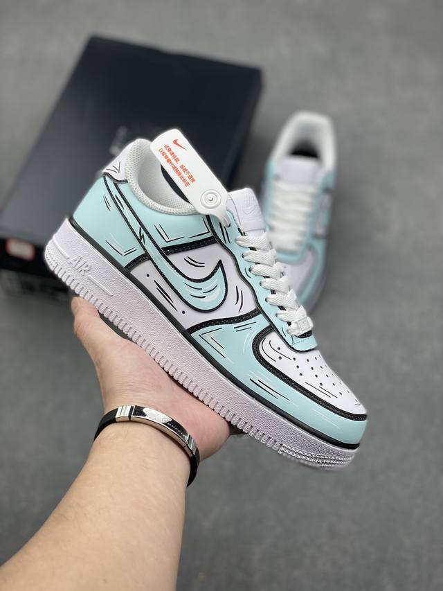 官方爆款定制 二次元主题 Nike Air Force 1 Low’07 蒂夫尼蓝涂鸦配色 空军一号低帮休闲板鞋 定制皮料 原厂3D打印 定制鞋盒 原楦原纸板