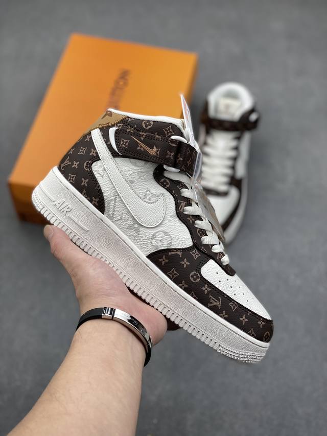 海外限量发售！公司级NIke Air Force 1 '07 Low “LV联名--米白棕印花”空军一号 中帮 运动鞋 休闲鞋 折边针车 工艺难度大 原楦头原纸