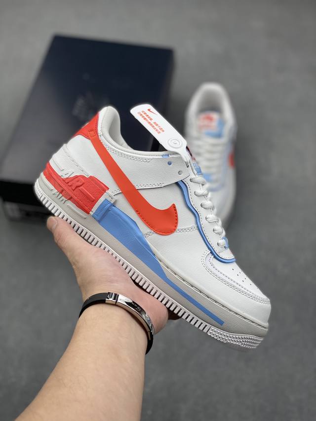 正确版本 Air Force 1 Shadow 白蓝橙 轻量增高低帮百搭板鞋 拼接马卡龙 全新少女系解构主义设计 双层轻量EVA发泡中底 防滑RB橡胶外圈底鞋底