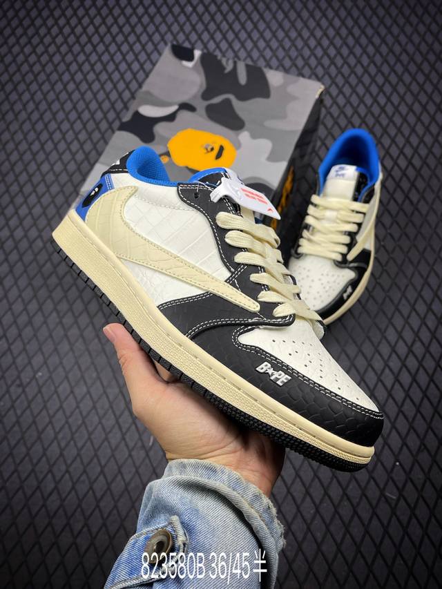 Travis Scott x Fragment Design x Air Jordan 1 Low OG SP AJ1 乔1 Bape联名-鳄鱼皮黑白蓝 低帮文