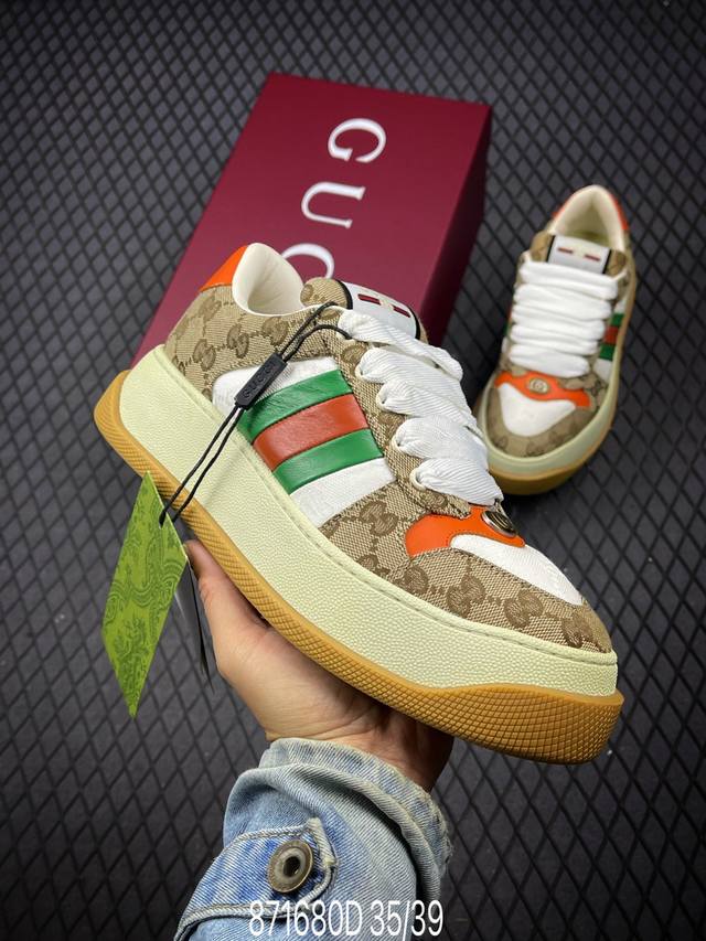 D Gucci 2024最新情侣款胖嘟嘟小脏鞋~~厚底鞋~~休闲鞋~~运动鞋~~ 鞋面牛皮拼接经典双G布面料，头层羊皮内里，垫脚乳胶注塑一体，私模6cm厚TPU