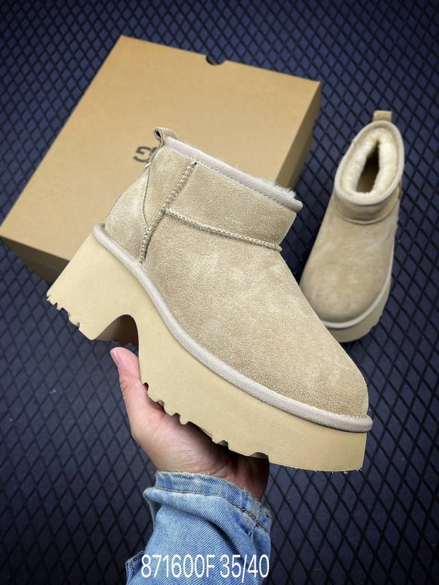 F全网最齐 ugg 90个配色 市面顶级版本 UGG 短款鱼人坡跟 5cm厚底 羊皮毛一体雪地靴女款 广州外贸大厂生产 鞋头到鞋垫真羊皮毛一体 独立外盒包装 芯