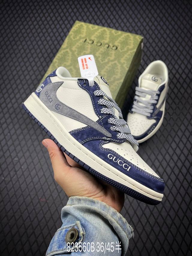 Travis Scott x Fragment Design x Air Jordan 1 Low OG SP AJ1 乔1 古驰联名-米白深蓝翻毛 低帮文化休