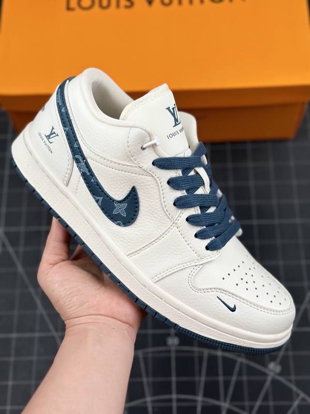 Air Jordan 1 Low AJ1 乔1 LV联名-米白蓝勾 高端定制低帮文化休闲板鞋 定制鞋盒 大厂纯原品质出货 超高清洁度 皮料切割干净无任何毛边 细