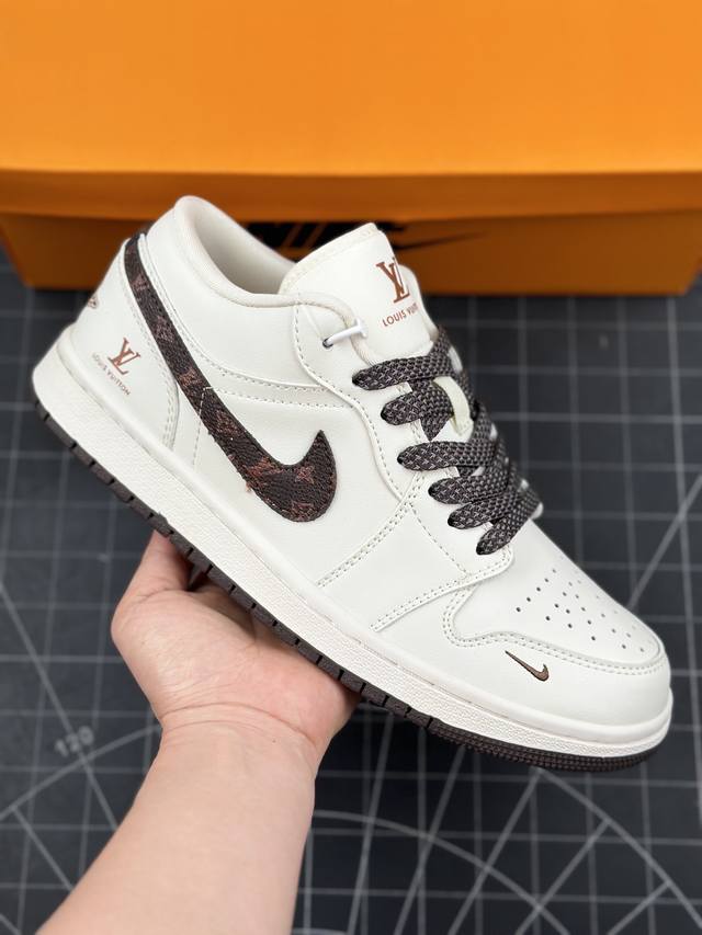 Air Jordan 1 Low AJ1 乔1 LV联名-米白经典花勾 高端定制 低帮篮球鞋 #定制鞋盒 大厂纯原品质出货 超高清洁度 皮料切割干净无任何毛边