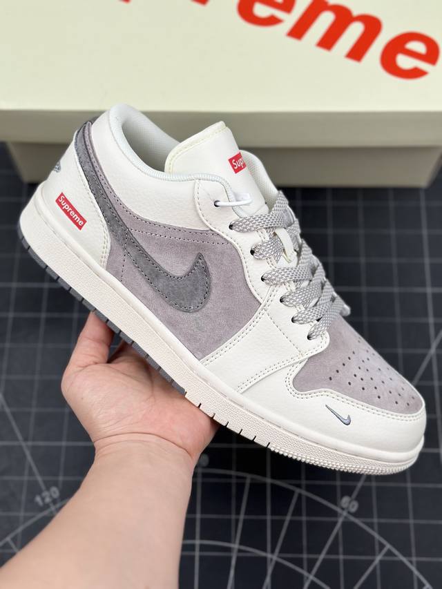 Air Jordan 1 Low AJ1 乔1 Supreme联名-双拼米灰底 高端定制 低帮复古篮球鞋 #定制鞋盒 大厂纯原品质出货 超高清洁度 皮料切割干净