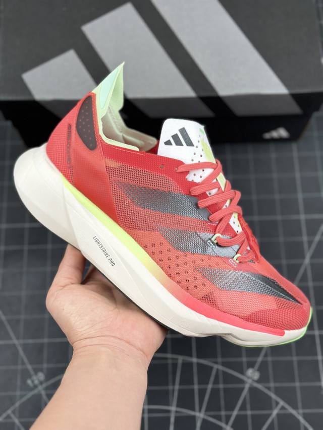 公司级Adidas Adizero Adios Pro 3马拉松飞线贾卡轻质透气休闲运动跑步鞋 采用双层透气网纱 Flywire动态飞线绑缚鞋面材质 内置Zoo