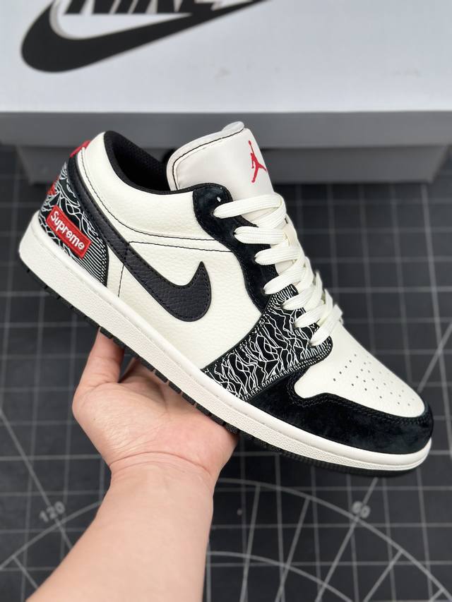 Air Jordan 1 Low AJ1 乔1 Supreme联名-黑白浮雕 高端定制 低帮复古篮球鞋 #定制鞋盒 大厂纯原品质出货 超高清洁度 皮料切割干净无