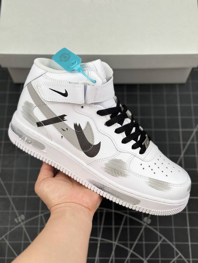 Nk Air Force 1'07 Mid 白灰黑色 手绘断裂 三勾阴影 空军一号绑带中帮休闲板鞋 #定制皮料 原厂3D打印 定制鞋盒 原楦原纸板 纯正空军版型