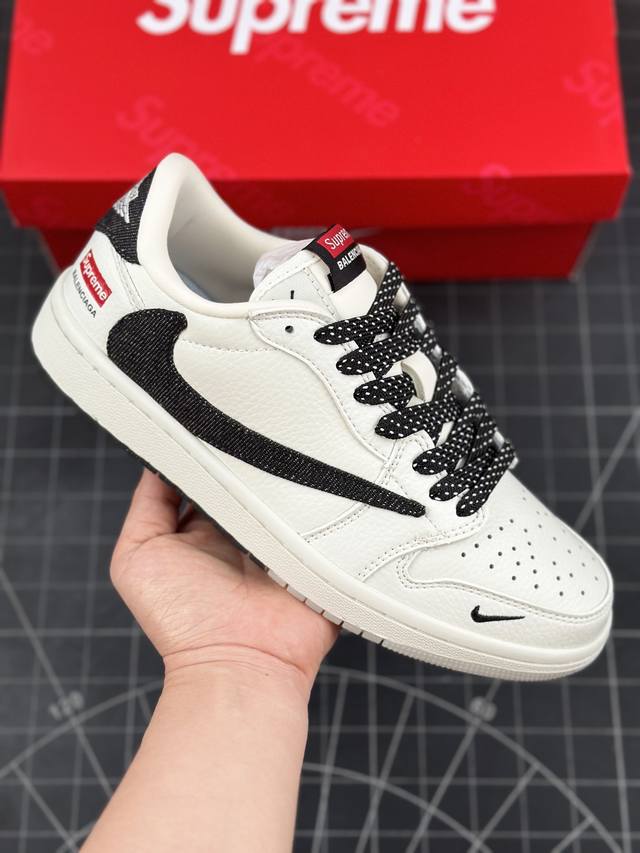 Travis Scott x Fragment Design x Air Jordan 1 Low OG SP AJ1 乔1 Supreme联名-米黑牛仔双拼