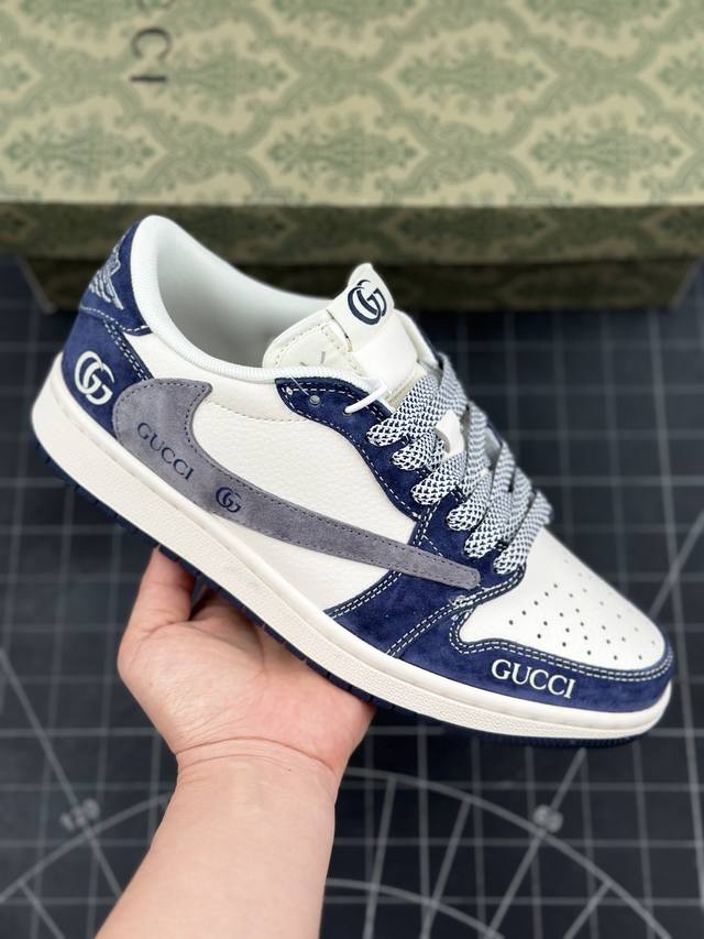 Travis Scott x Fragment Design x Air Jordan 1 Low OG SP AJ1 乔1 古驰联名-米白深蓝翻毛 低帮文化休