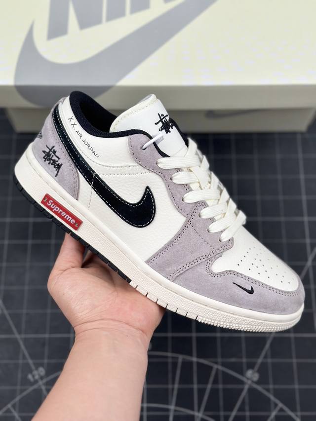 Air Jordan 1 Low AJ1 乔1 斯图西联名-灰黑红标双拼 高端定制 低帮复古篮球鞋 #定制鞋盒 大厂纯原品质出货 超高清洁度 皮料切割干净无任何