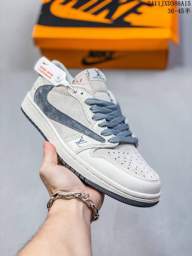 头层带半码 Louis Vuitton X Travis Scott X Air Jordan 1 Low 路易威登 低帮 Lv灰白黑倒勾联名 Aj1 乔丹1代