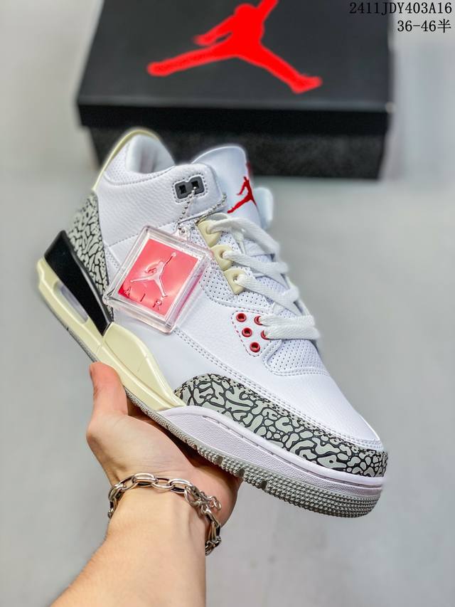 公司级air Jordan 3 Retro 复刻白水泥 Aj3 乔丹3代 Aj3 乔3 经典复刻白水泥 乔丹篮球鞋系列 鞋身以白色为主调，采用优质皮革材质搭配鞋