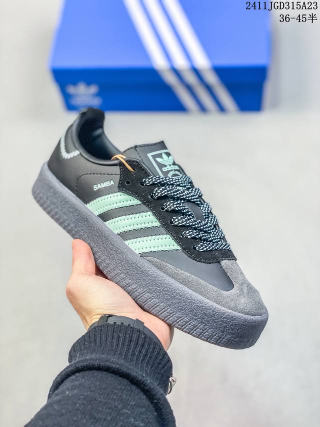 Sambarose W 厚底果冻松糕鞋 Adidas Sambarose来自 Samba系列，再现 Samba系列经典足球鞋线条，鞋面采用头层皮革材质制成，搭配