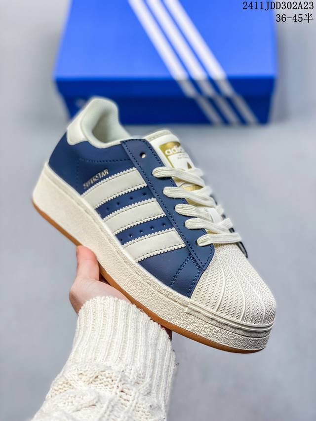 阿迪达斯 三叶草adidas Originals Superstar Xlg 贝壳头系列低帮厚底松糕经典百搭休闲运动板鞋b“皮革深蓝米白生胶底”Id5699 尺