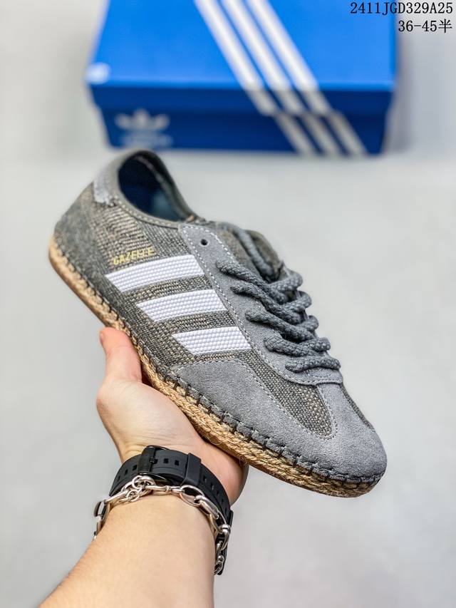 Adidas 阿迪达斯 男女鞋半码制，原楦纸版开发，采用翻毛皮组合提花棉布鞋面材质 手工三杠串珠装饰 ，内嵌加厚环形eva缓震鞋垫，外置马克线缝制草编组合防滑耐