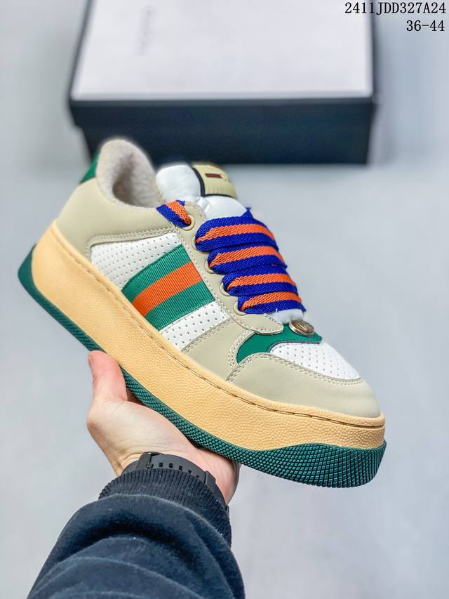 Gucci 古驰 全新厚底脏脏鞋来了意大利时装奢饰品牌 Double Screener Platform Gg Sneaker Low 低帮复古松糕百搭 编码：