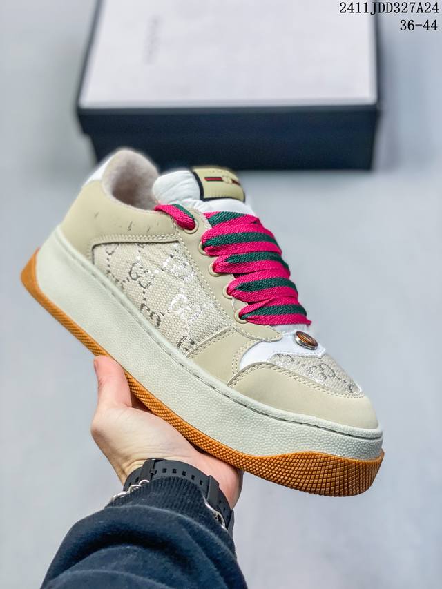 Gucci 古驰 全新厚底脏脏鞋来了意大利时装奢饰品牌 Double Screener Platform Gg Sneaker Low 低帮复古松糕百搭 编码：