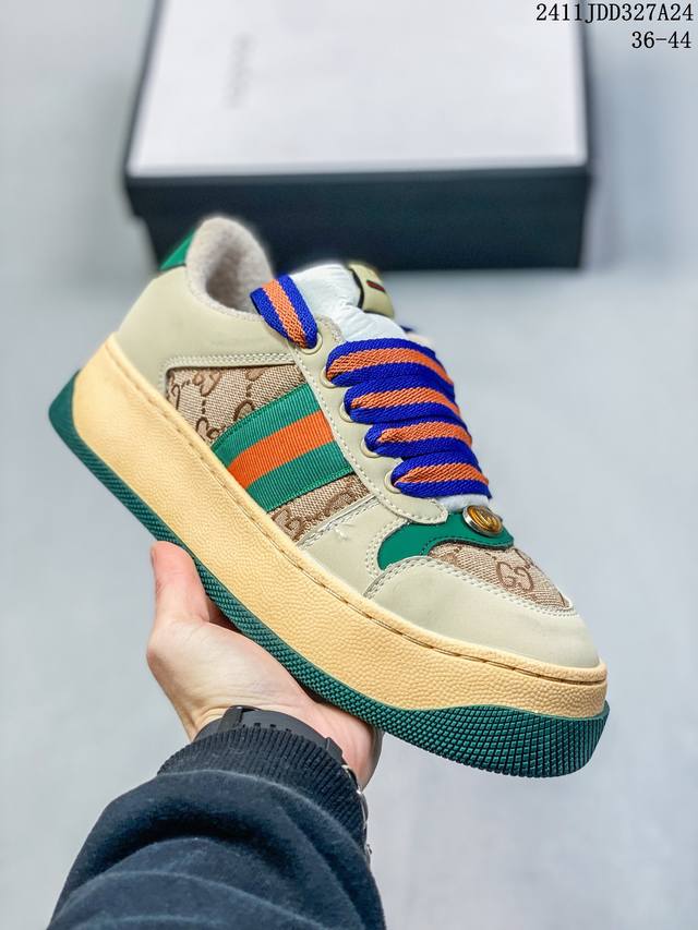 Gucci 古驰 全新厚底脏脏鞋来了意大利时装奢饰品牌 Double Screener Platform Gg Sneaker Low 低帮复古松糕百搭 编码：