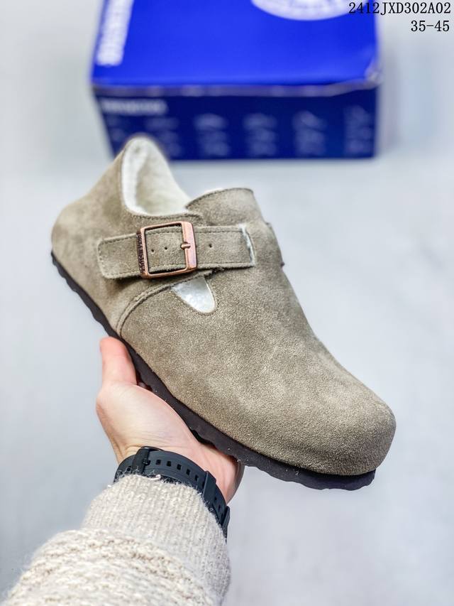 Birkenstock Boston Vl 勃肯绒面金属针扣软木底包头拖鞋 牛皮绒面革质地柔软 搭配可调节鞋扣提升穿着舒适度 人体工学设计分散脚部压力 保护脚踝