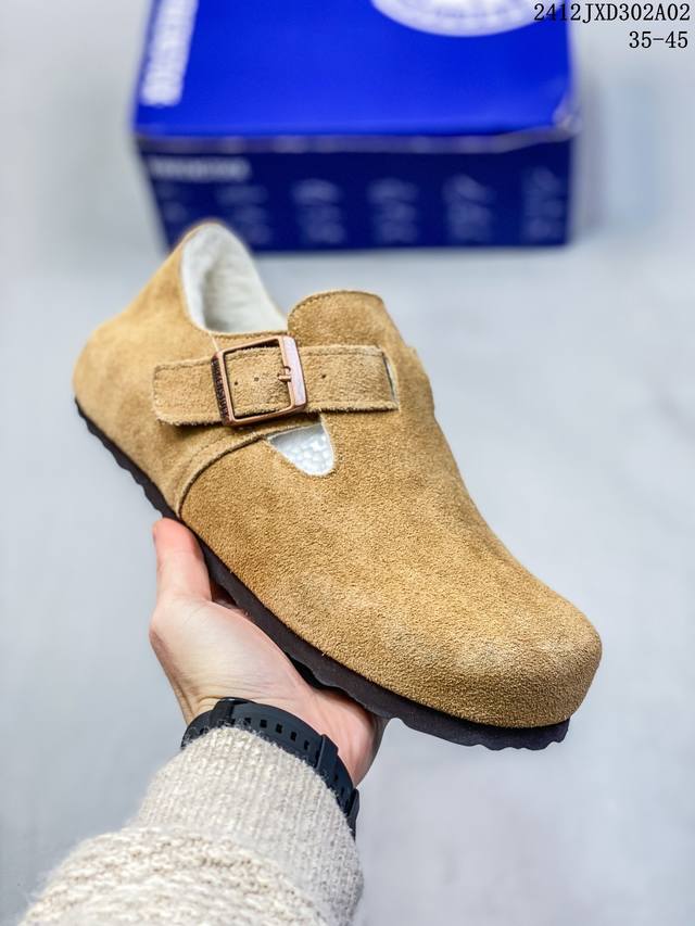 Birkenstock Boston Vl 勃肯绒面金属针扣软木底包头拖鞋 牛皮绒面革质地柔软 搭配可调节鞋扣提升穿着舒适度 人体工学设计分散脚部压力 保护脚踝