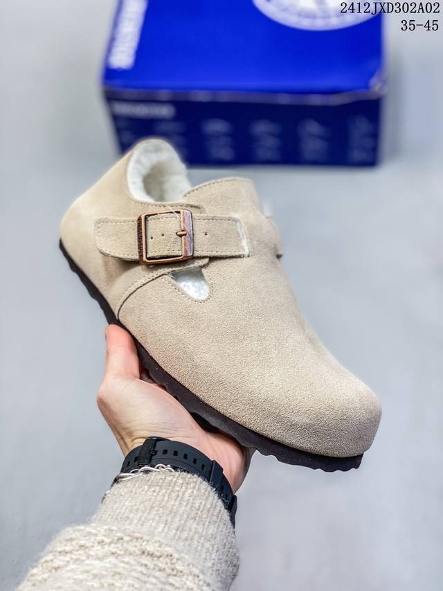 Birkenstock Boston Vl 勃肯绒面金属针扣软木底包头拖鞋 牛皮绒面革质地柔软 搭配可调节鞋扣提升穿着舒适度 人体工学设计分散脚部压力 保护脚踝