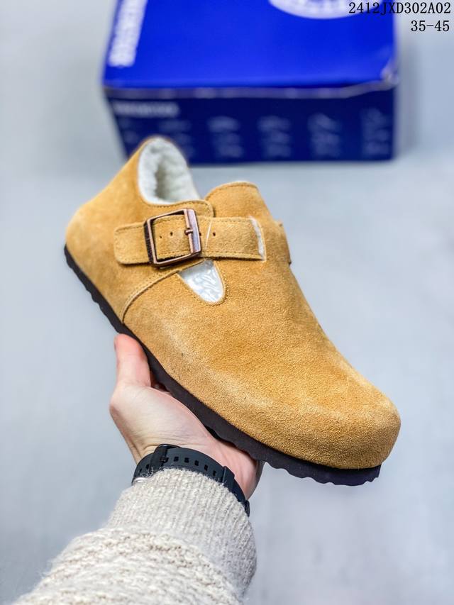 Birkenstock Boston Vl 勃肯绒面金属针扣软木底包头拖鞋 牛皮绒面革质地柔软 搭配可调节鞋扣提升穿着舒适度 人体工学设计分散脚部压力 保护脚踝