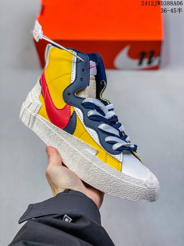 公司级sacai X Nike Blazer Mi D经典百搭中帮开拓者休闲运动板鞋 真硫化铝楦制作 原厂布料拼接 独家裁片完美鞋型 台湾进口软感荔枝头层皮 原