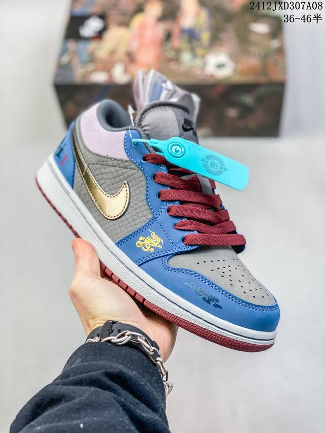 Air Jordan 1 Low 低帮 蓝白金黑神话悟空 Aj1 乔丹1代 Aj1 乔1 低邦 祥云龙纹 游戏主题解构 乔丹篮球鞋系列 该定制版球鞋选用原鞋款为