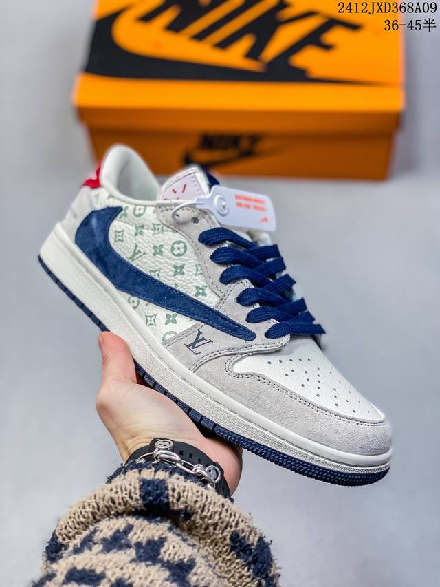 头层带半码 Louis Vuitton X Travis Scott X Air Jordan 1 Low 路易威登 低帮 Lv灰白黑倒勾联名 Aj1 乔丹1代