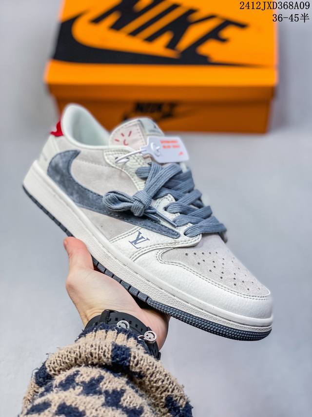 头层带半码 Louis Vuitton X Travis Scott X Air Jordan 1 Low 路易威登 低帮 Lv灰白黑倒勾联名 Aj1 乔丹1代