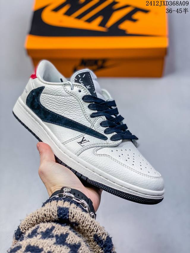 头层带半码 Louis Vuitton X Travis Scott X Air Jordan 1 Low 路易威登 低帮 Lv灰白黑倒勾联名 Aj1 乔丹1代