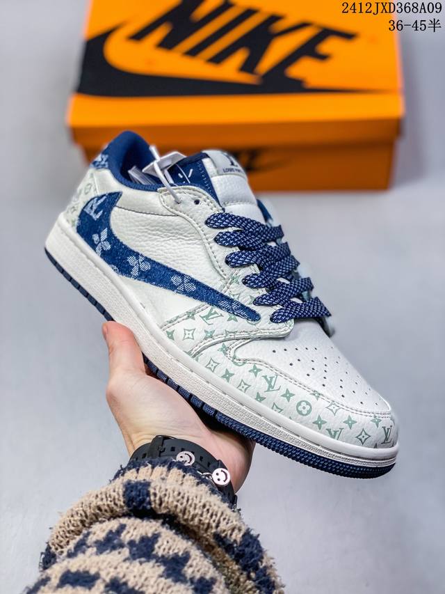 头层带半码 Louis Vuitton X Travis Scott X Air Jordan 1 Low 路易威登 低帮 Lv灰白黑倒勾联名 Aj1 乔丹1代