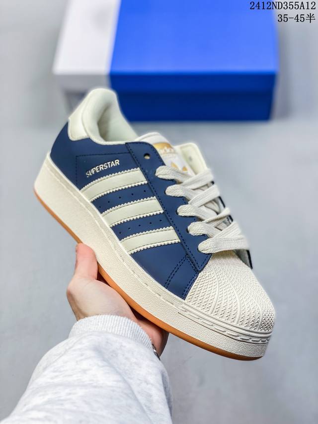 双十二福利套现 阿迪达斯 三叶草adidas Originals Superstar Xlg 贝壳头系列低帮厚底松糕经典百搭休闲运动板鞋b“皮革深蓝米白生胶底”