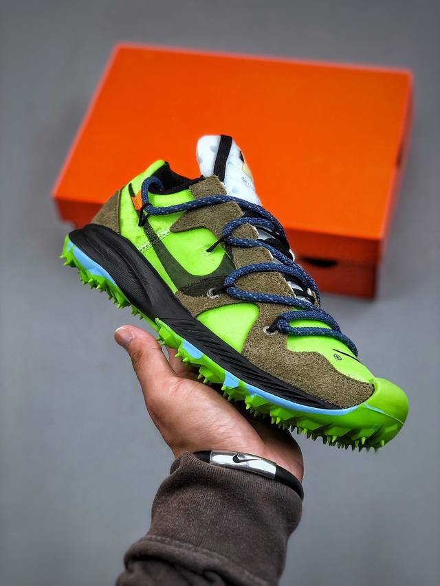 Off-White X Nike Air Zoom Terra Kiger 5 联名款 钉鞋 潮流户外 运动 低帮 越野跑步鞋 绿黑 货号 Cd8179 300