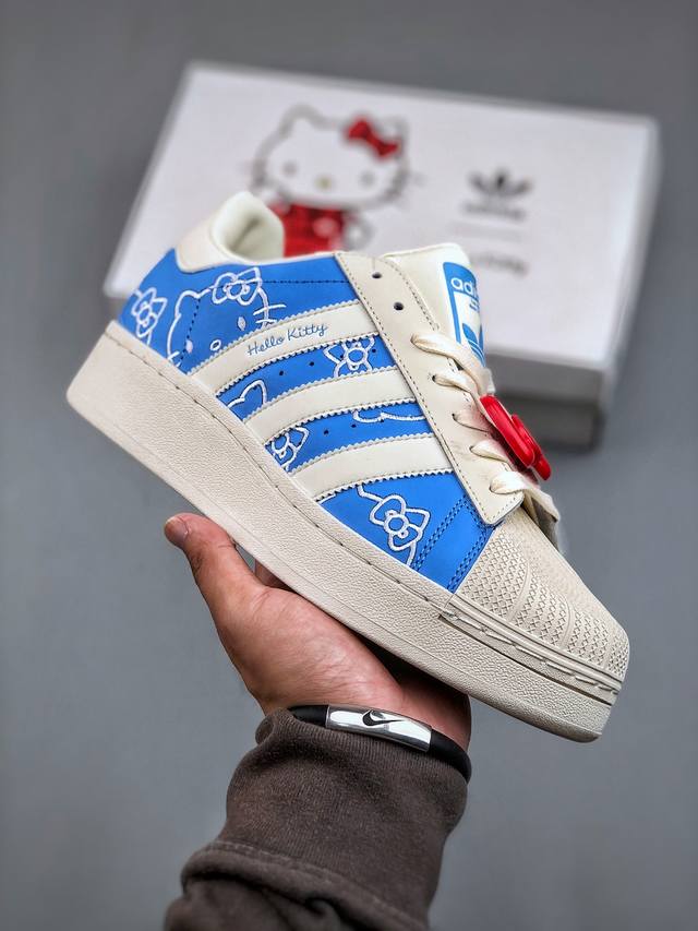 Hello Kitty 凯蒂猫 X Adidas Originals Superstar Xlg 舒适时尚 防滑耐磨 低帮 板鞋 女款 白蓝 货号:Ig4477