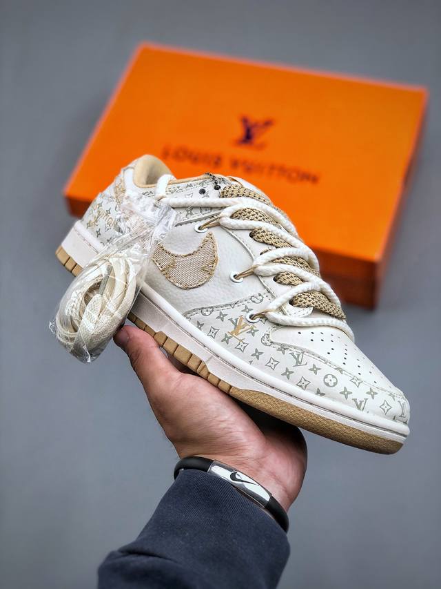 Nike Sb Dunk Low Lv联名-绑带米黄勾 周年高端定制 低帮休闲板鞋 Sj2068-250 #定制鞋盒 大厂纯原品质出货 超高清洁度 皮料切割干净