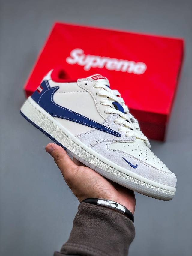 Travis Scott X Nike Air Jordan 1 Low X Supreme Air Jordan 1 Low 反转白蓝红小钩倒钩 纯原版本全鞋