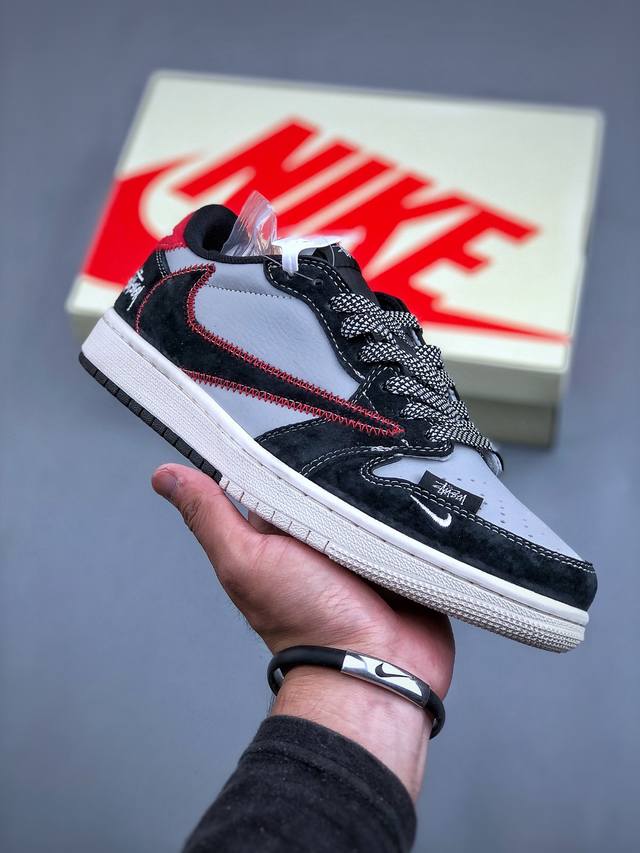 Travis Scott X Fragment Design X Air Jordan 1 Low Og Sp Aj1 乔1 斯图西联名-黑红刺绣勾 低帮文化休