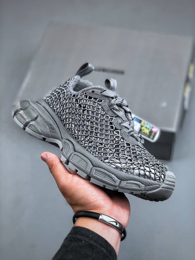 Ok版本 法国高端奢侈品牌-巴黎世家balenciaga 3Xl Sneakers Fishnet 3+系列低帮复古阔型底姥爹风潮流百搭休闲慢跑鞋“深灰渔网贴钻