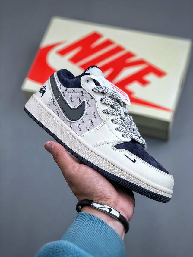 Air Jordan 1 Low Aj1 乔1 斯图西联名-灰勾英文 高端定制 低帮复古篮球鞋 Xs6086-001 #定制鞋盒 大厂纯原品质出货 超高清洁度