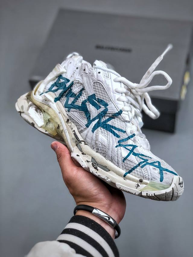 高奢品牌-巴黎世家balenciaga Runner Sneaker White Water Blue 慢跑系列低帮复古野跑潮流姥爹风百搭休闲运动慢跑鞋“解构破