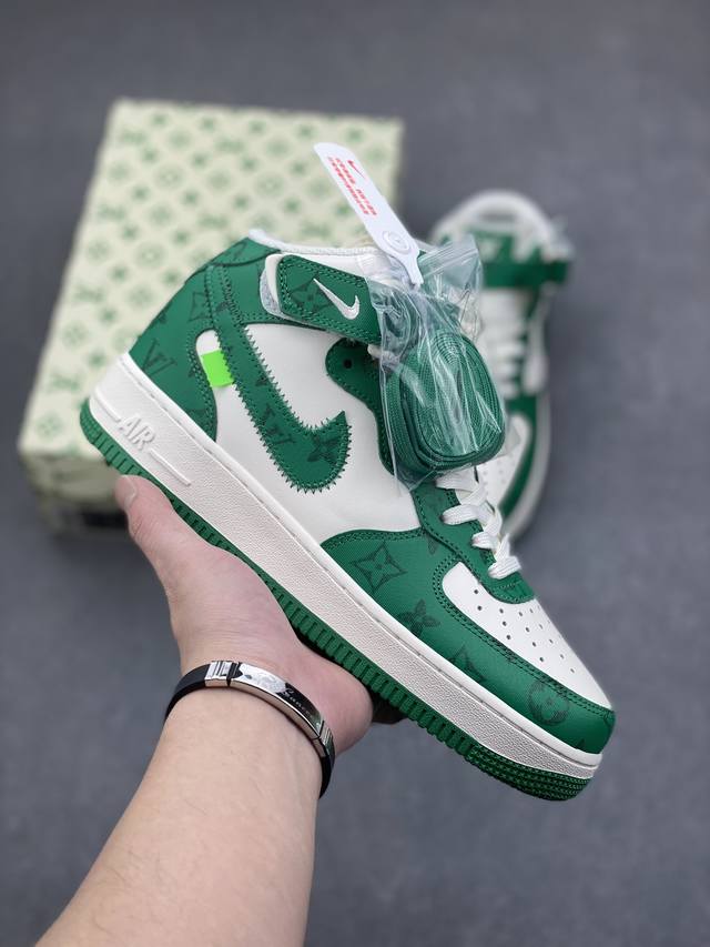 终端放店 公司级 路易威登louis Vuitton 联名定制 Nike Air Force 1 Mid '07 米绿 空军中帮休闲板鞋 定制lv鞋盒 原楦原纸