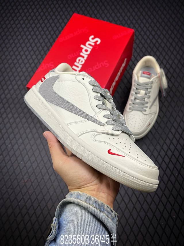 Travis Scott X Fragment Design X Air Jordan 1 Low Og Sp Aj1 乔1 Supreme联名-米浅灰牛仔双拼