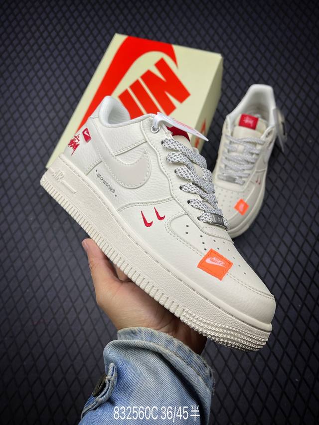 公司级nike Air Force 1 '07 Low “斯图西联名--米白双勾红标”空军一号 低帮 运动鞋 休闲鞋 折边针车 工艺难度大 原楦头原纸板 原装鞋