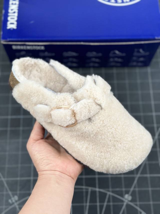 德国百年知名鞋履品牌 博肯birkenstock Boston Suede 波士顿系列士低帮牛皮绒面革复古软木底包头露跟休闲鞋“泰迪米白卷羊毛绒” Birken