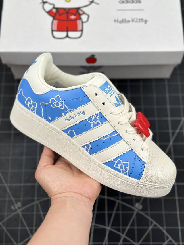 凯蒂猫hello Kitty X Adidas Originals Superstar Xlg Blue Burst贝壳头系列低帮厚底松糕经典百搭休闲运动板鞋“